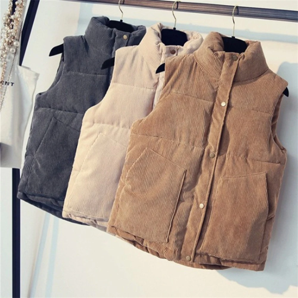 

Woman Corduroy Jacket Vests Women's Autumn Winter Clothing Loose Short Cotton Coat Stand Collar Sleeveless Solid Color Vest