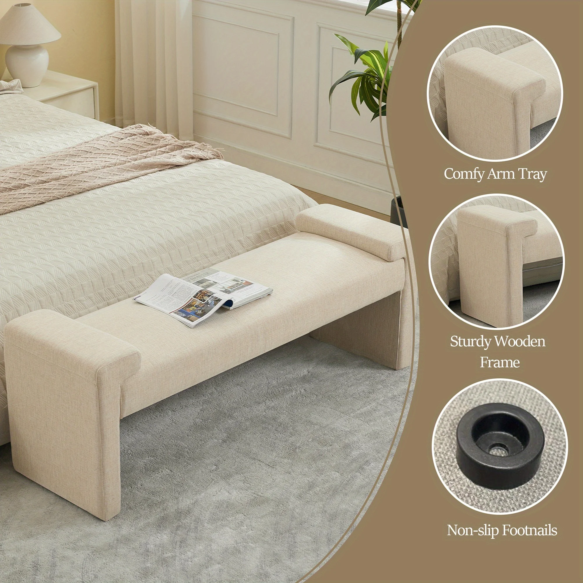 58.7” Modern Upholstered End of Bed Bench with Solid Wood Frame & Curved Armrests - Multifunctional Ottoman Footrest Suitable for Living Room, Entryway, Window, Easy Assembly Bedside Bench for Narrow Hallways and Small Spaces