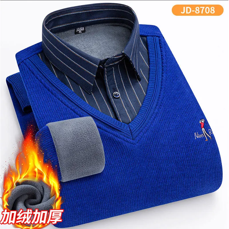 New autumn and winter plus fleece thick men's shirt long sleeve color matching warm casual high quality non-ironing fashion slim