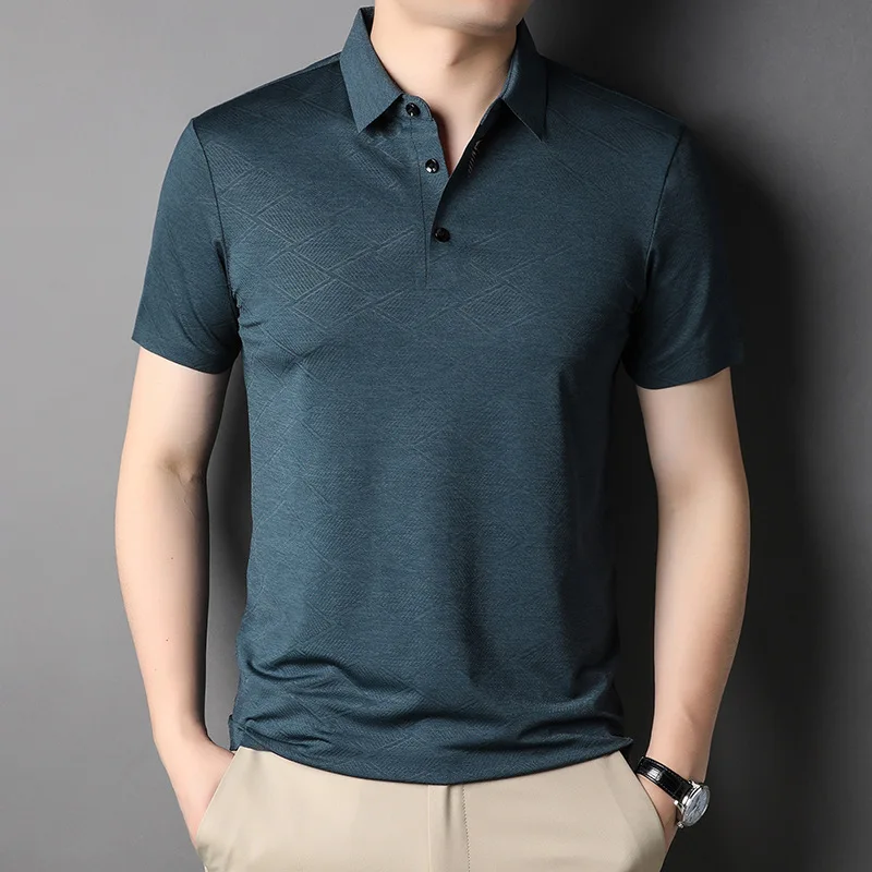 

2022 Mulberry Silk Summer Mens Polo Shirts High Quality Short Sleeve Thin Casual Male Tops Solid Color Jacquard Man Tees 3XL