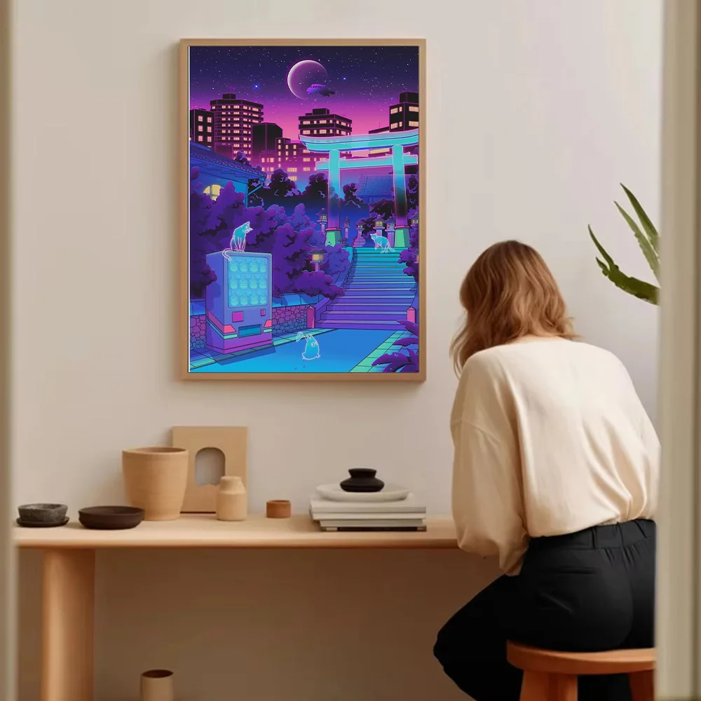 Vaporwave قماش جدار الفن Cyberpunk طوكيو سيتي سكيب النيون الجمالية غرفة ديكور انمي ياباني المشارك خمر الخيال العلمي