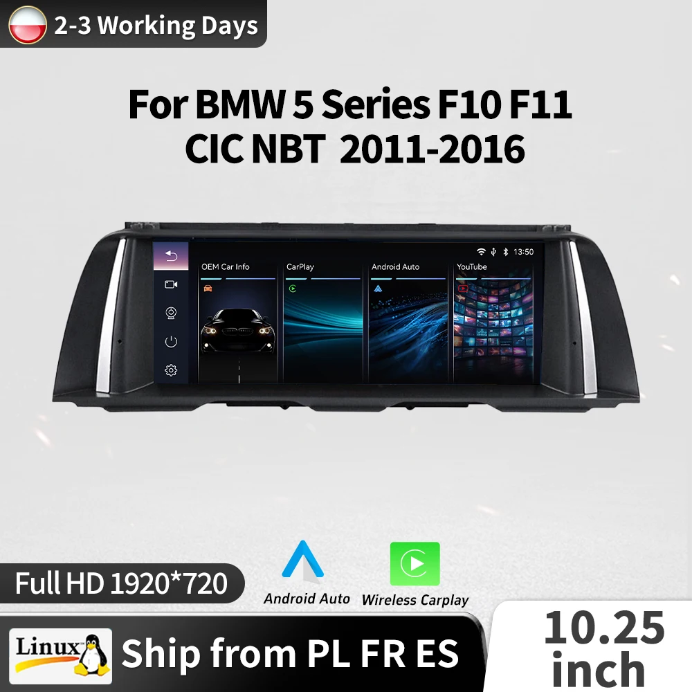 Bezprzewodowy odtwarzacz multimedialny CarPlay Android Auto z systemem Linux, radio, wyświetlacz dotykowy do BMW serii 5 F10 F11 2011-2016 CIC NBT