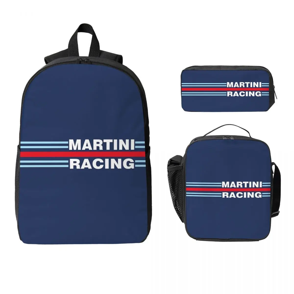 

Рюкзак Martini Racing в полоску (без фона), сумка для книг для мальчиков и девочек, школьная сумка, сумки на плечо, изолированная сумка для обеда 3 шт., пенал