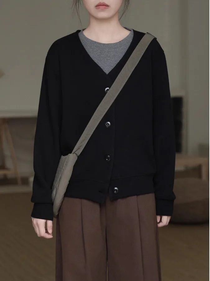 홍콩 스타일 버튼업 긴팔 스웨트셔츠 여성용 봄 가을 얇은 한국식 루즈 슬림 V넥 아우터웨어 탑