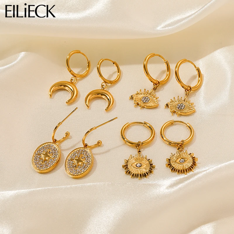 

EILIECK 316L Stainless Steel Gold Color Sun Moon Star Eye Shapes Earrings for Women Vintage Fashion Girls Hoop Ears Jewelry Gift