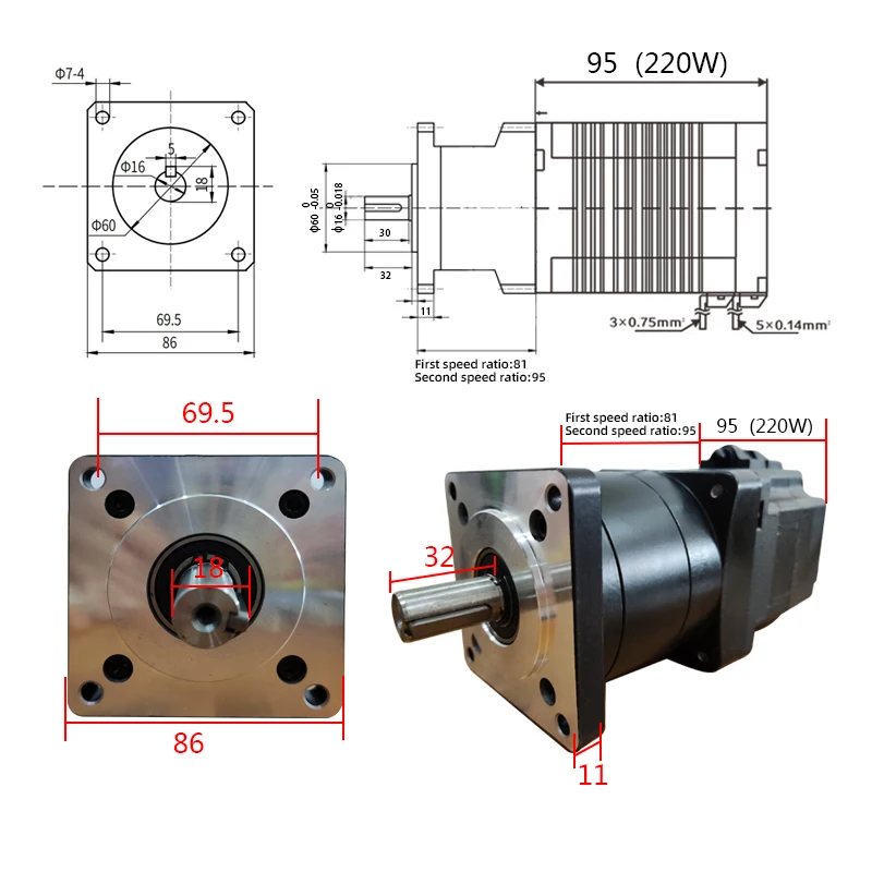 220W Low Speed Brushless Motor with Driver 86mm Brushless Motor Low Noise Positive Reversing Planetary Gearbox Reducer Kits