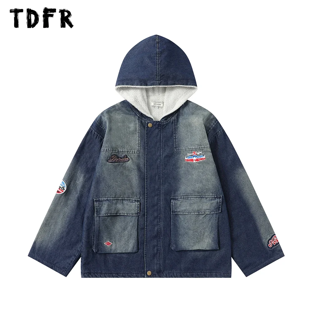 

Letter Embroidery Fleece Denim Jacket Mens Winter Thick Retro Streetwear Loose Long Sleeve Hooded Outerwear Men