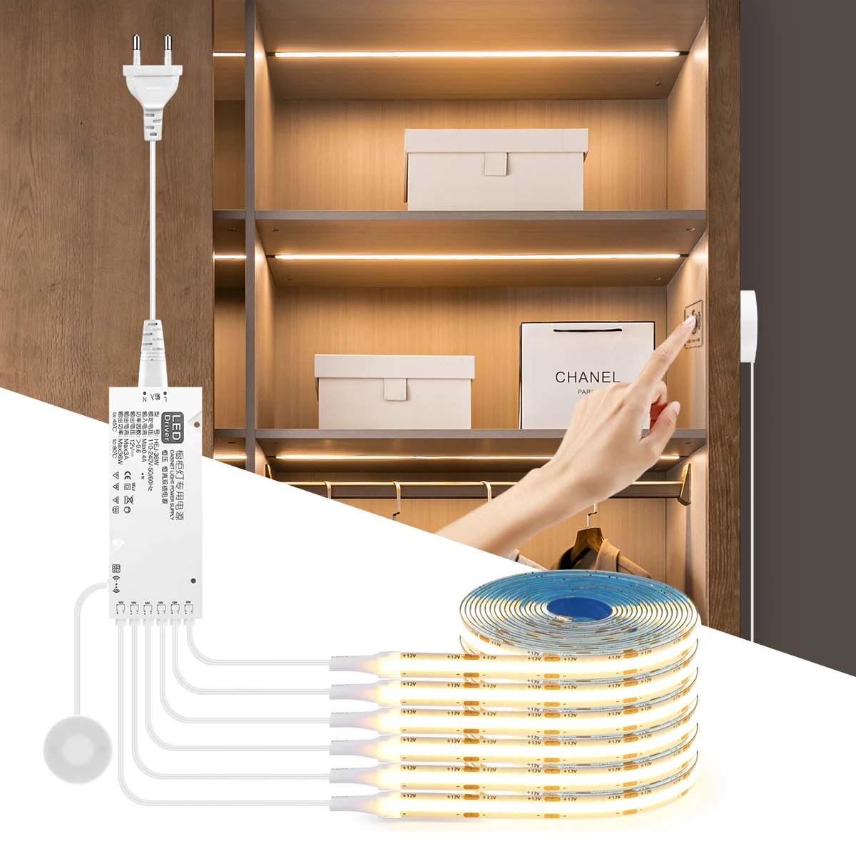 Pasek COB LED lampka kuchenna z wtyczką ue z przełącznik ściemniacza w dotyku z drewna, do której można wbić ręcznie, czujnik ruchu 12V, półka lampa