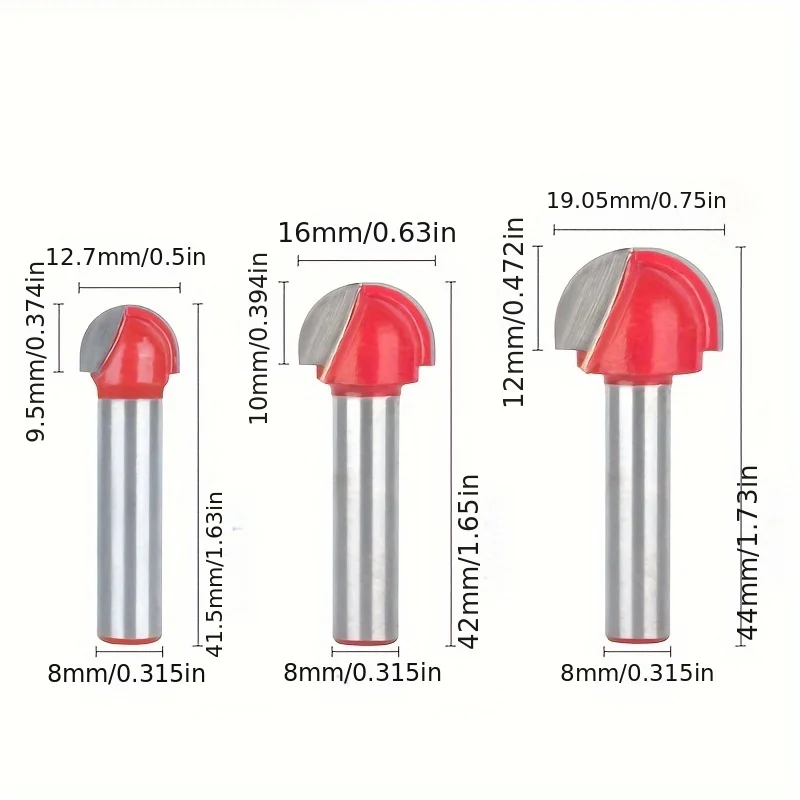 ‌5-Pcs Round Bottom Router Bit Set (8mm Shank) - Red Grooving R-Corner & Half-Round Ball Bits for Engraving‌