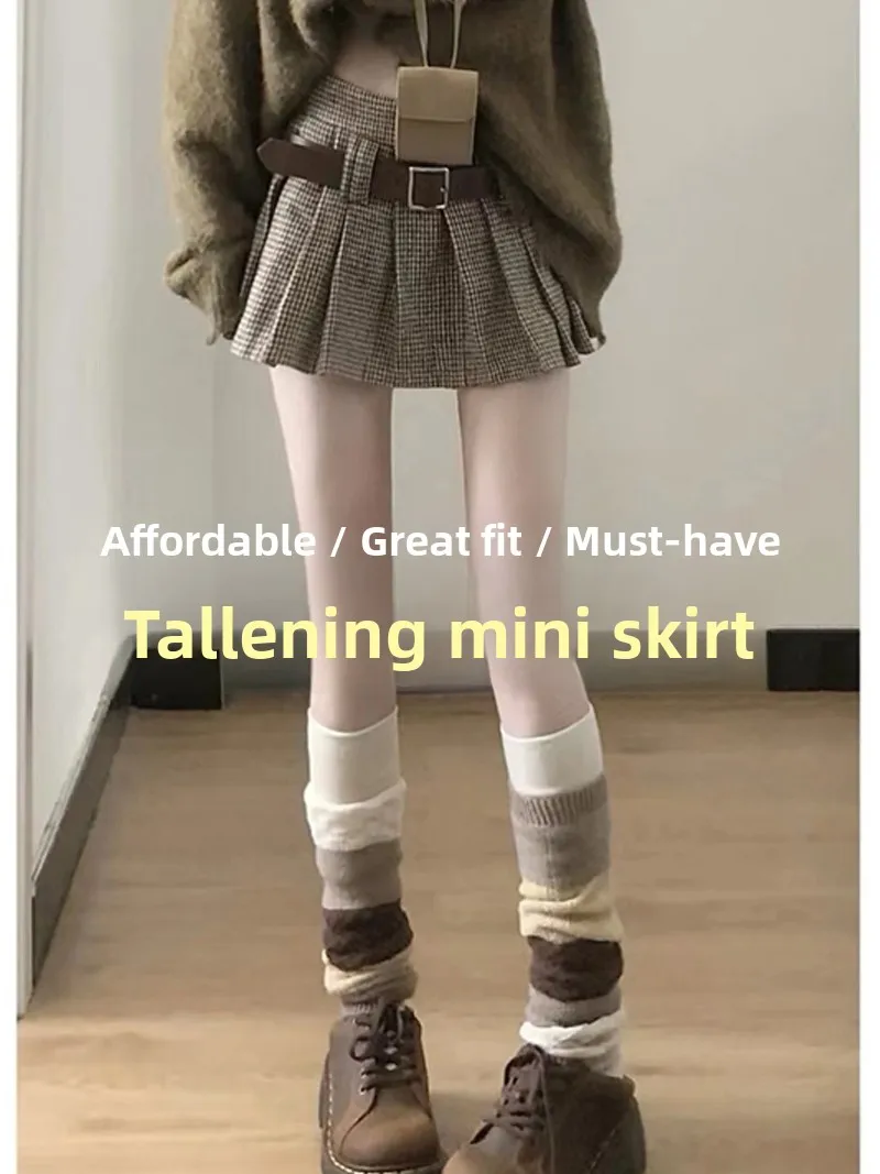 تنورة قصيرة مطوية بنمط مربعات عتيق للنساء، موضة خريف وشتاء، خصر منخفض، تنورة قصيرة من الصوف على شكل حرف A، تنورة متوسطة الطول...