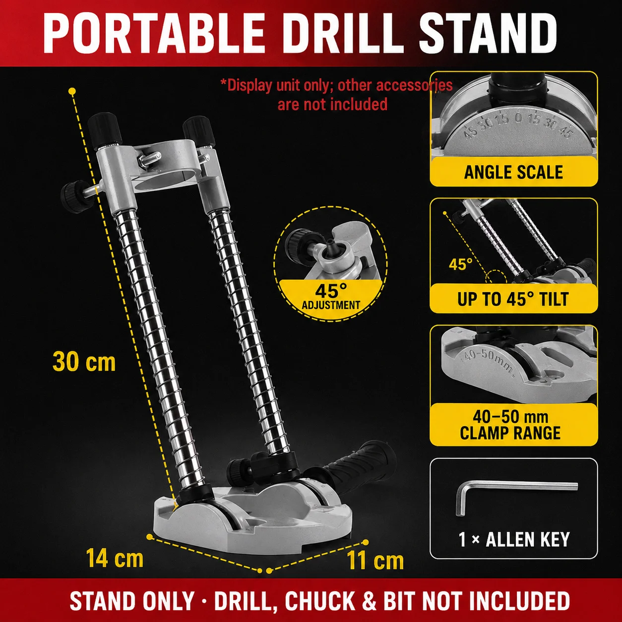 0–45° Adjustable Drill Stand for Electric Drills, Portable Woodworking Drilling Support, Stand Only