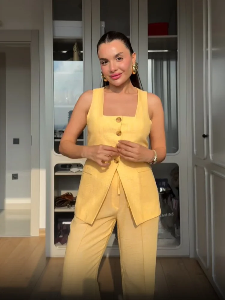 Conjunto elegante de chaleco y pantalones con cuello cuadrado para mujer, traje sin mangas con botones y cintura ceñida, moda de verano 2025, trajes de oficina de 2 piezas para mujer