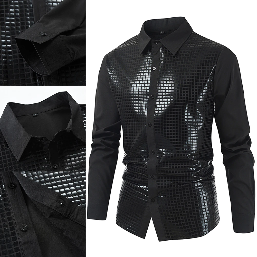 Mens Sequin Shirts Shiny Button Shirt Long Sleeve Nightclub Latin Dance T-Shirt Costume Chemise Homme Stage Performance Tee Male