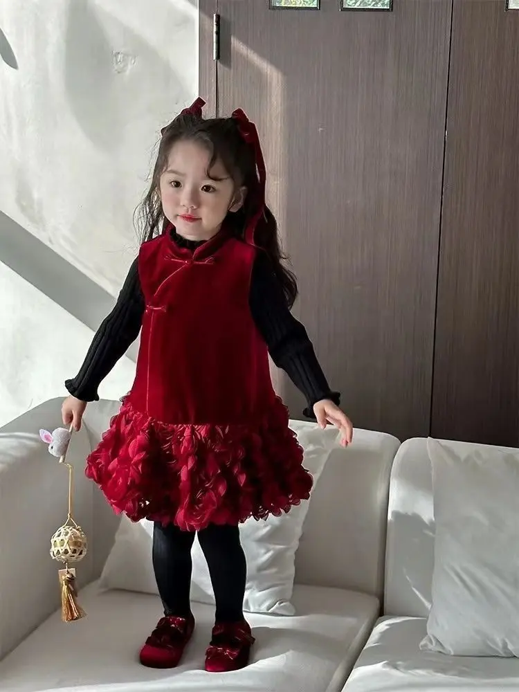 Girls' Winter Vest Dress Fashion New Style Children's Plush Cheongsam Children's Skirt Baby Year One Princess Dress