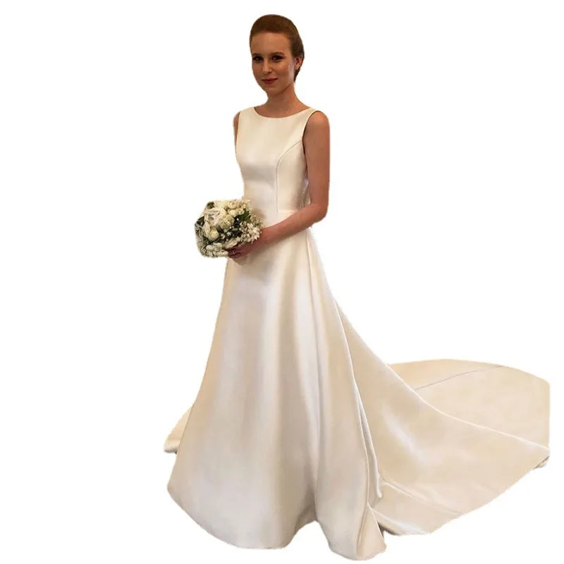 Новое простое атласное свадебное платье, сексуальное свадебное платье с открытой спиной и бантом