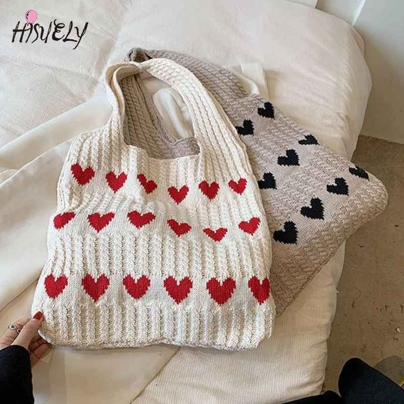 Heart Pattern Color Blocking Crochet Women Handbag Shoulder Bag Large Capacity Mesh Beach Hobo Bag Versatile Commute Bag Girls