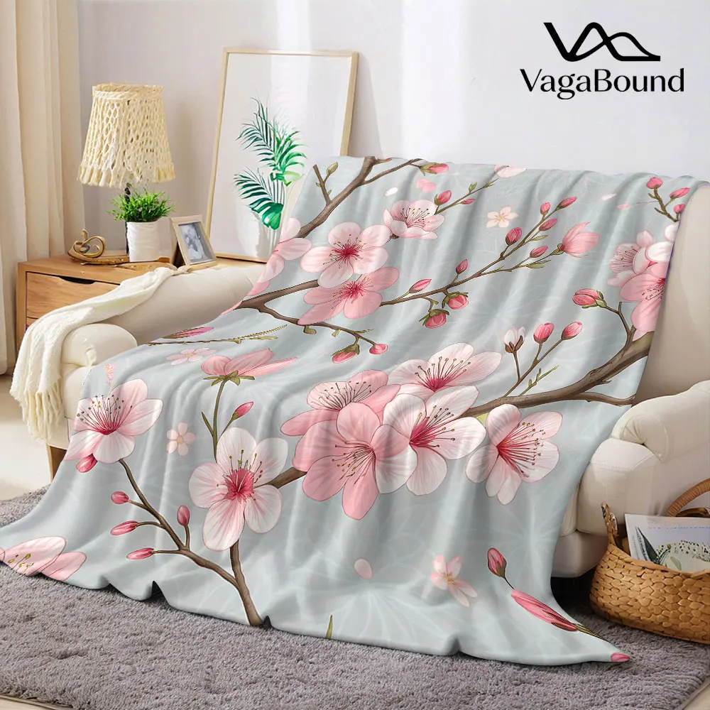 Pink Cherry Blossom Branch Flannel Blanket Warm Soft Halloween Christmas Decorative Couch Warm Cozy All-Season Gift