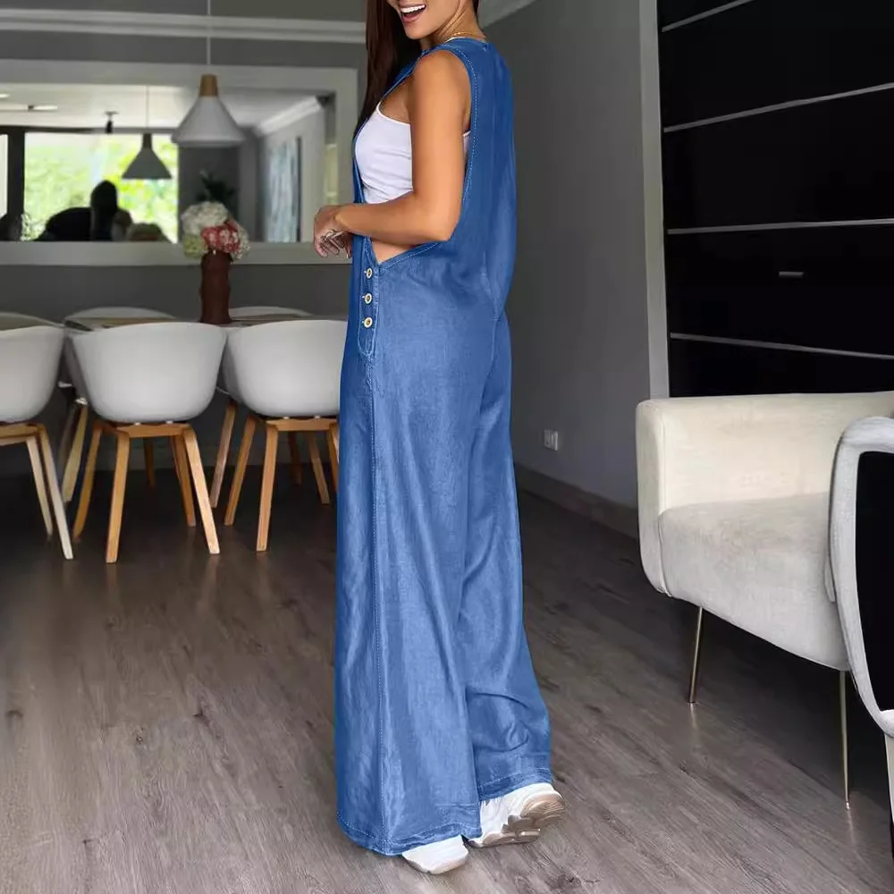 Fashion Women's Solid Color Fake Denim Wide Leg Loose Pants Strap Jumpsuit Playsuit Summer Full Length High Waist Jumpsuits