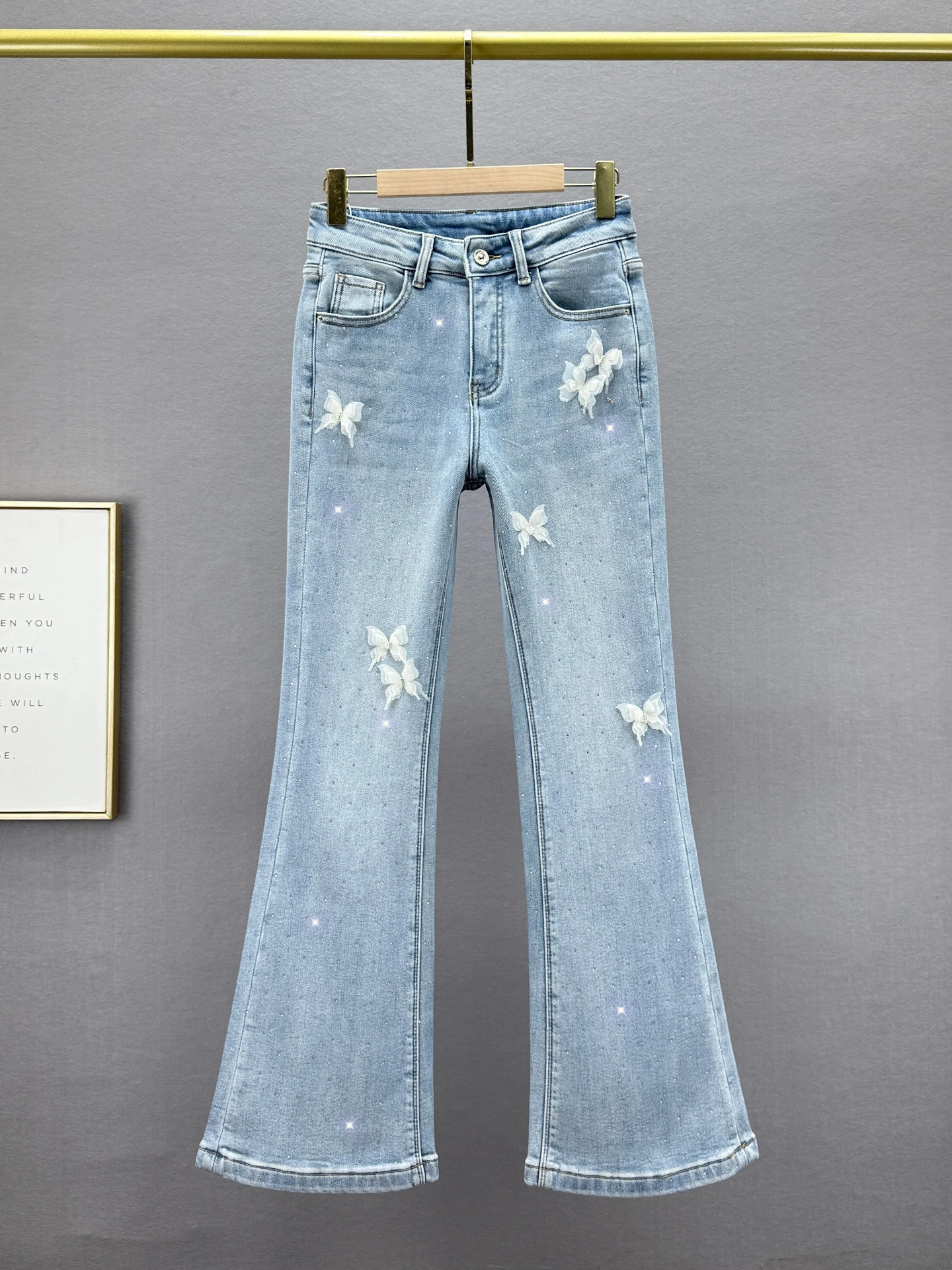 

Fce Lined Denim Micro Flared Pants Women's Trendy Winter New Elastic High Waist Slimming Floor Length Jeans