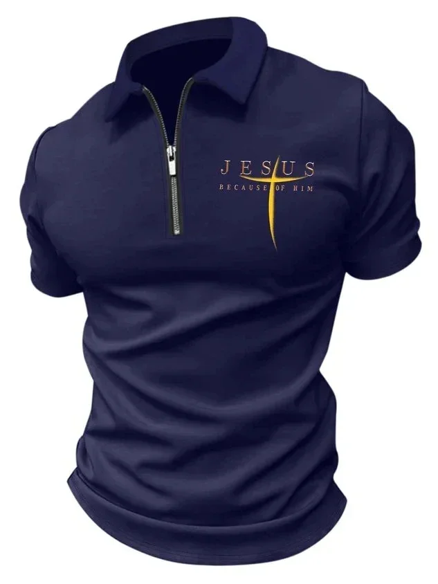 

Men’s Jesus Because Of Him Casual Regular Fit Polo Collar Shirt Men's Short Sleeve Zip Up Polo Shirt