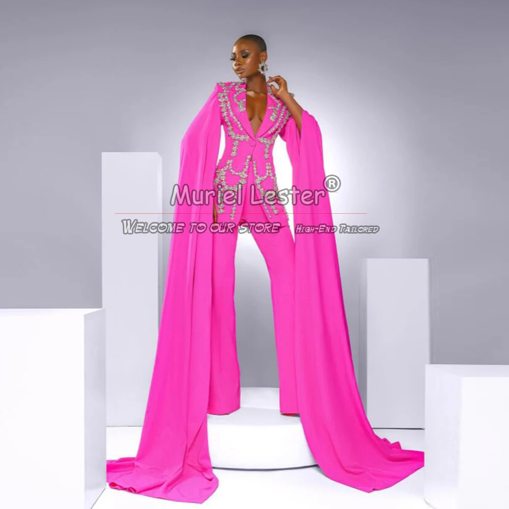 Pink Women Suits Formal Party Celebrity Dresses Luxury Crystals Beads Blazer Pants 2 Pieces Evening Ladies Jacket With Cape 2024