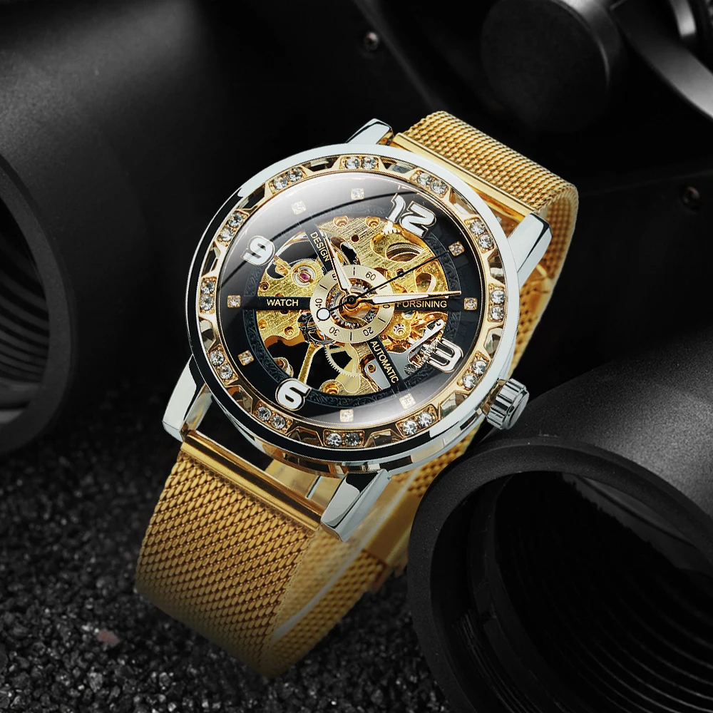 Forsining Retro Mens Watches Top Brand Luxury Gold Skeleton Mechanical Watch for Men Stainless Steel Strap Luminous Hands Clock
