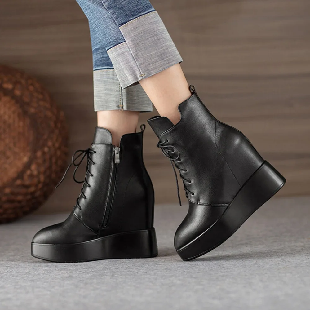 Cow Leather Platform Ankle Boots Ladies Fashion Wedges Shoes For Women Height Increasing High Heels Autumn Pumps Shoes Woman