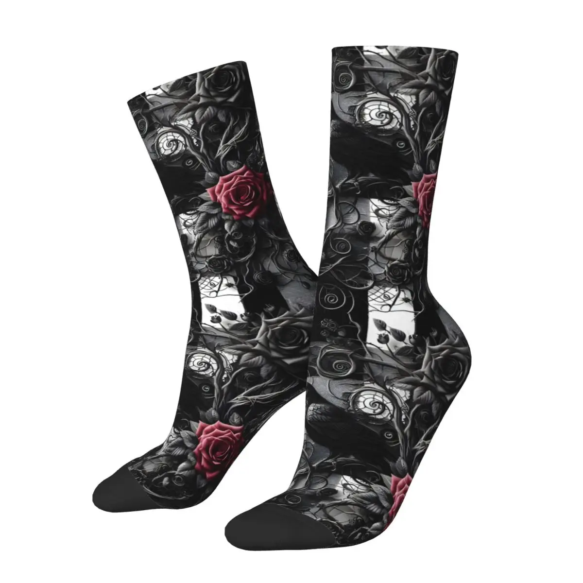 Funny Crazy Sock for Men Crow And Roses Sticker Hip Hop Breathable Pattern Printed Crew Sock Casual Gift