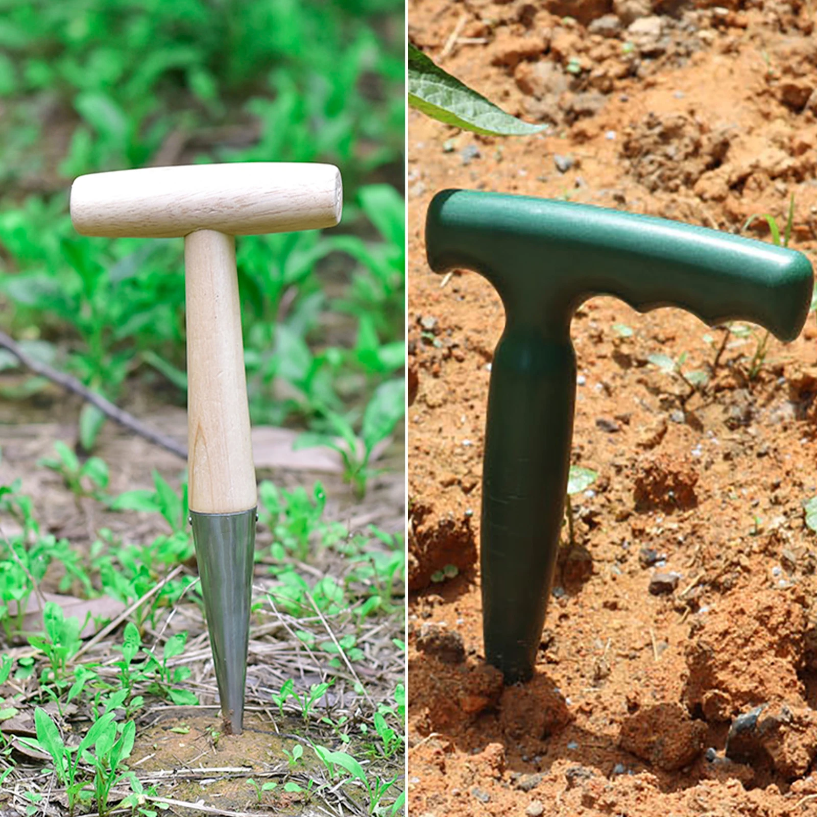 Wood Handle Hand Digging Dibbler Sowing Seeds Transplanting Seedling Bulbs Dig Hole Tool Gardening Planter Soil Hole Punch Tool