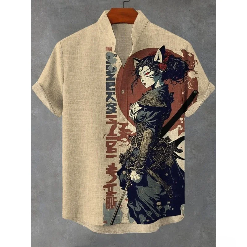 Men's Sun Sword Mask Girl Japanese Art Print Linen Blend Shirt Harajuku Summer Blouses Stand Collar Hawaiian Shirts Men Clothing