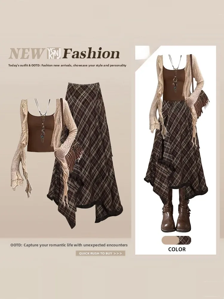 

Spicy Girl Retro Aosphere Spring Summer i Open Cardigan Top Wood ain Ruffle Vest Skirt Set Irregular Plaid Skirt