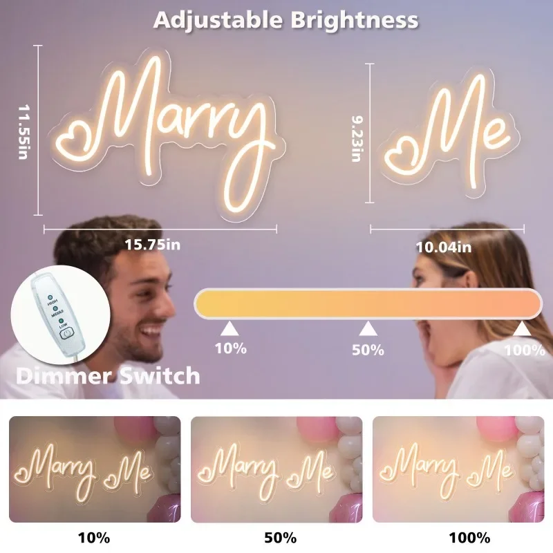 Enseigne au néon LED Marry Me, lettres lumineuses à intensité variable, grand design en deux pièces, décoration murale, chambre à coucher, proposition de mariage, fiançailles