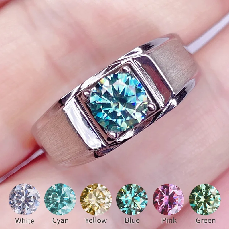 

Real Moissanite Ring For Men 1 Carat Blue Green Cyan Pink Red Yellow 2022 Wedding Diamond Rings 14k White Gold Plated 925 Silver