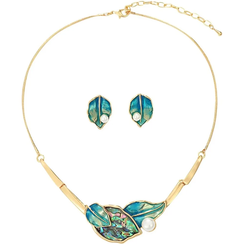 

Bold Blue Ocean Shell Pearl Choker Necklace Earrings Set for Women Party Prom Summer Birthday Gift