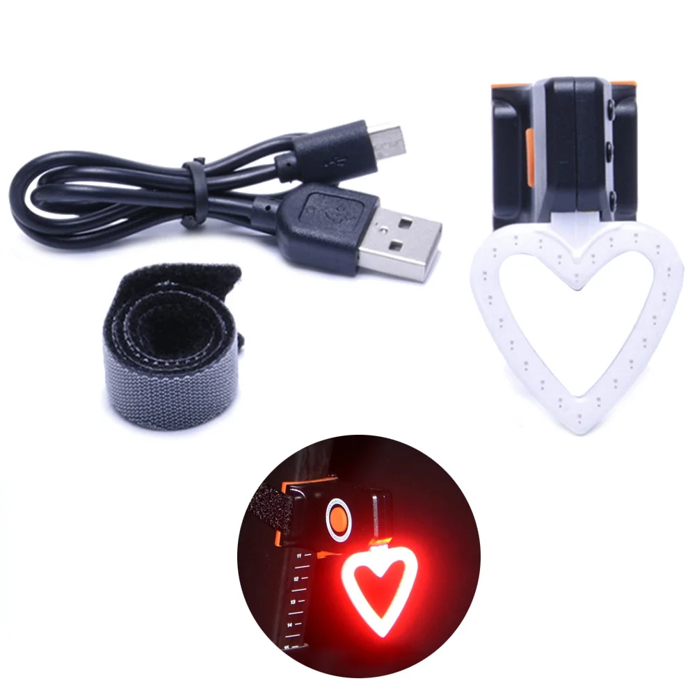 

USB Rechargeable Heart Shape Bike Taillight Premium Aluminum Cob Baseboard Ipx63 Weatherproof Cycling Safety Flashlight 5 Light