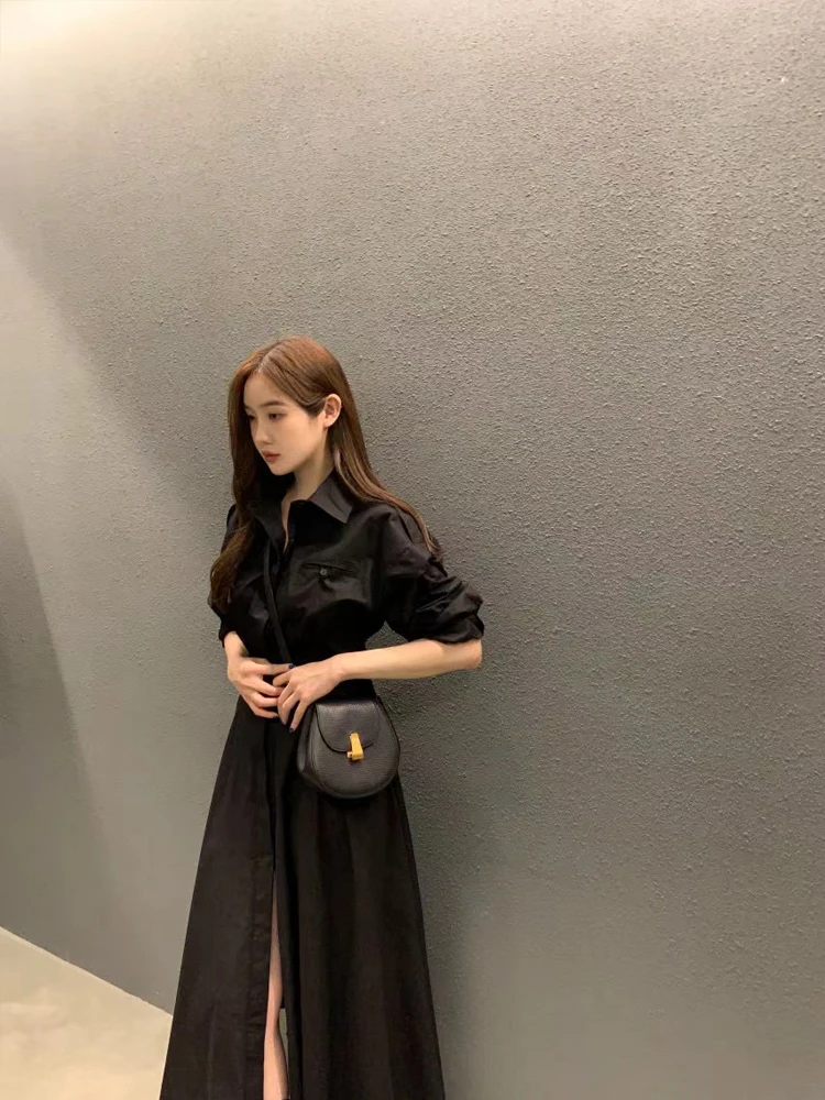 Ele Long Sve irt Dr Women's Korean Sle Spring High Waist Slim Fit A-Line Knee-Length Dr with Turn-down Collar