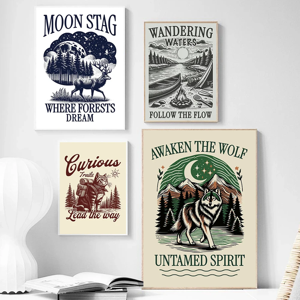 Vintage Grand Forest Wildlife Collection Poster Eagle Spirit Awaken the Wolf Prints Canvas Painting Wall Art Pictures Home Decor