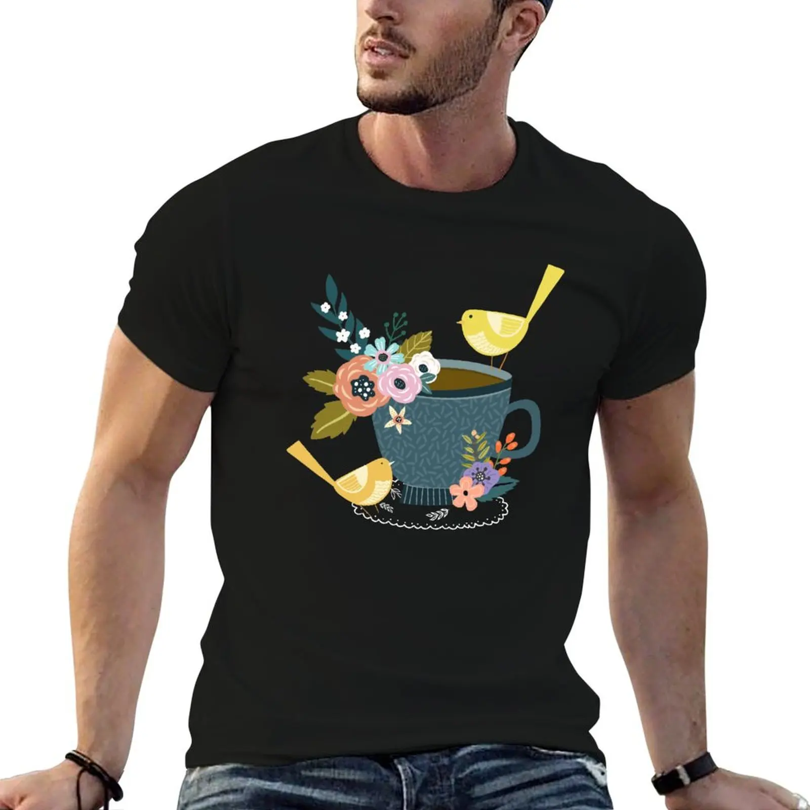 Twin Finches Tweeting At Tea Time T-Shirt Art Pattern Printed Casual Top