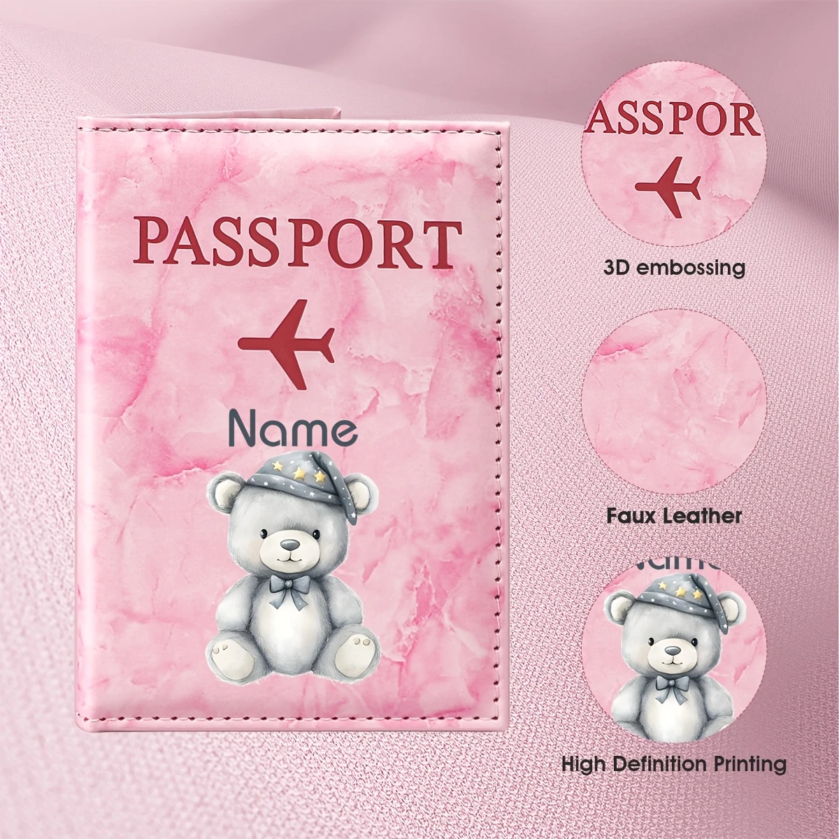 

Personalized Name/Initials Bear Passport Holder with Gray Top Hat & Bow - PU Suitable for Travel, Honeymoon, Business Trips