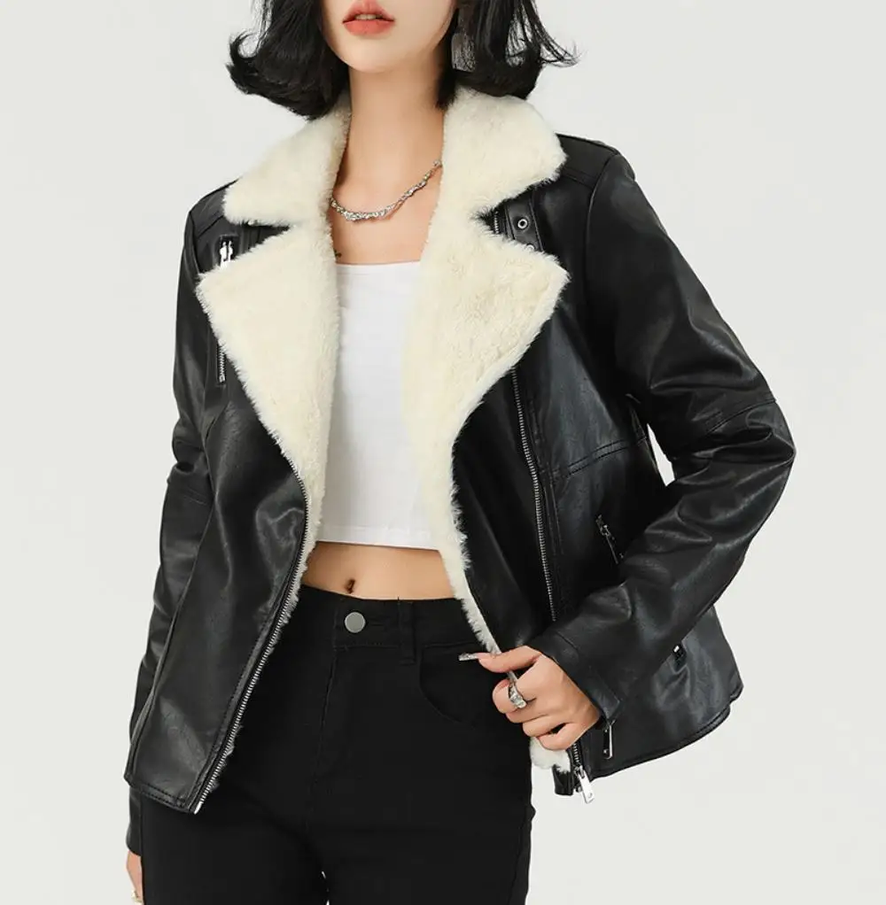 Ladies Winter Faux Leather , Plus Velvet Thickened Short Coat, Women Fashion Warm Outerwear New Style