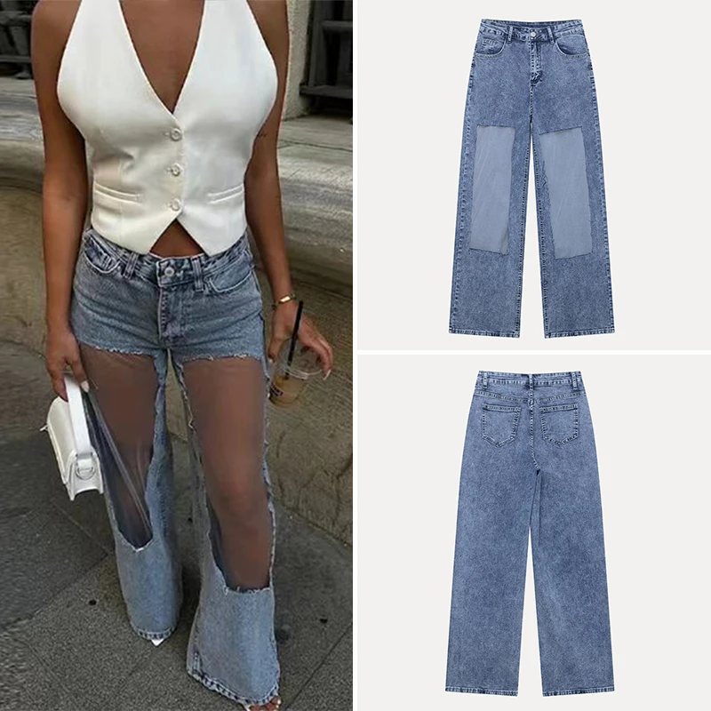 

High Waist Denim Jeans Faionable Me Splicing Women's Summer New Sle Casual Wide Leg Pants Versatile Sli Blue Jeans