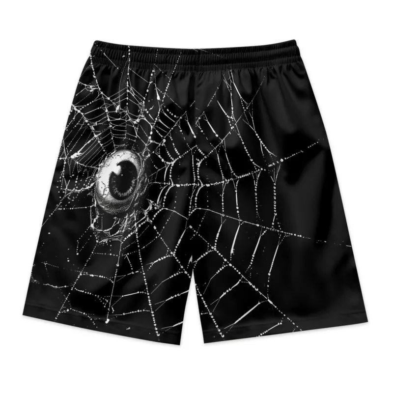 Eye On Cobweb Print Men's Black Summer Drawstring Waist Shorts Polyester Streetwear Sport Beach Shorts Clothing Bottoms