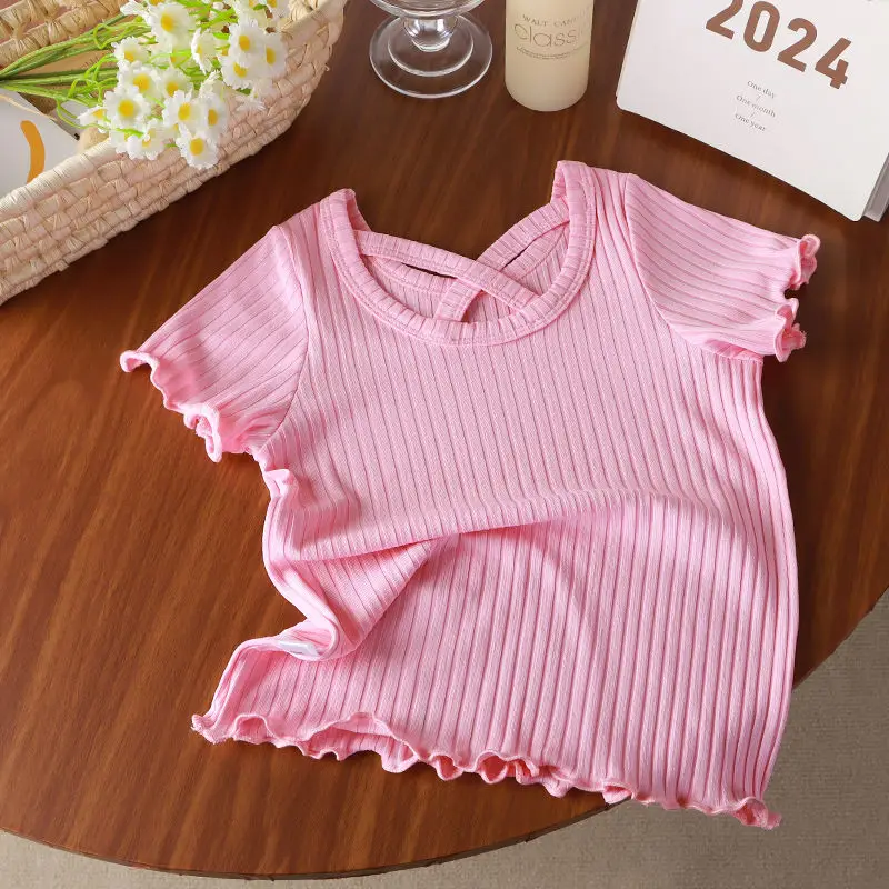 Kids Girls Summer Silk Tops 2025 New Arrival Children Lotus Leaf T-shirts Cute Pink White Purple Thin Undershirt Korean Style