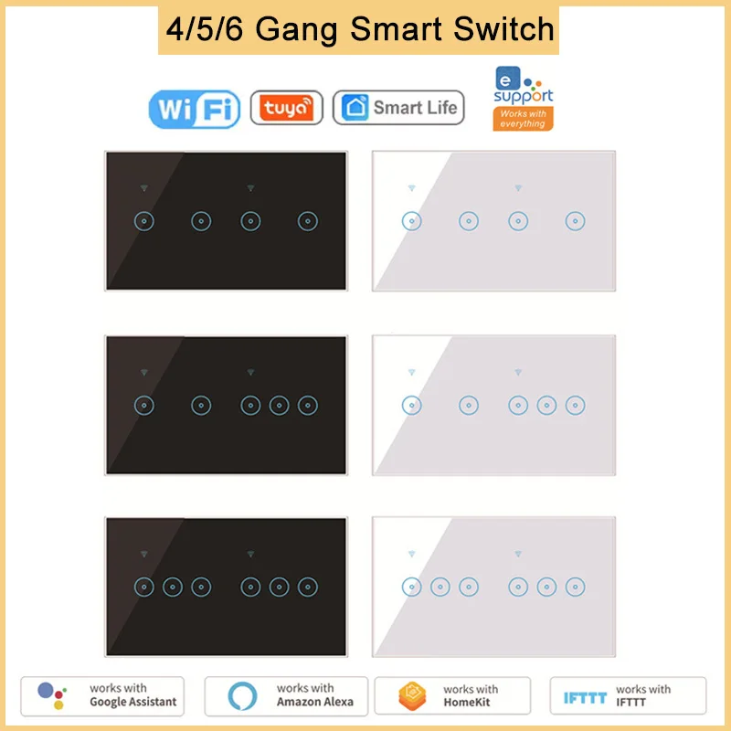 

Умный настенный выключатель Tuya Smart Wifi, сенсорный выключатель, 4/5/6 клавиши, панель из закаленного стекла, дистанционное включение и выключение Smart Life, Ewelin, Alexa, Google