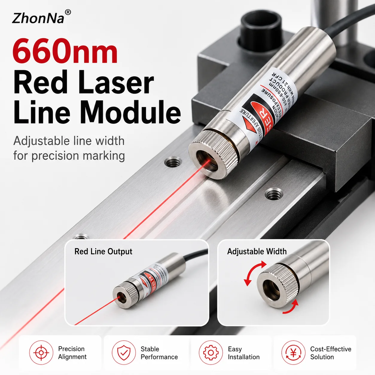 ZhonNa 660nm 200mW Red Laser Line Module Adjustable Line Width Precision Marking Tool Instrument Accessory for Machine Alignment