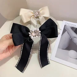 Retro Handmade wstążka Pearl Bow spinki do włosów dla kobiet Crystal Rhinestone szpilki do włosów zacisk sprężynowy spinki do włosów koreańska ozdoba do włosów akcesoria