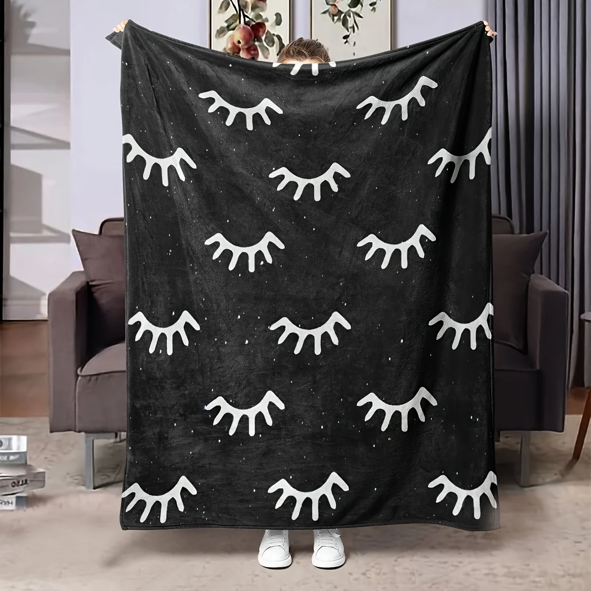 Purple Glitter Drip Eyelash Graphic Throw Blanket Hello Gorgeous Script Print Girly Makeup Motif Indoor Sofa Bedroom Decor Cover