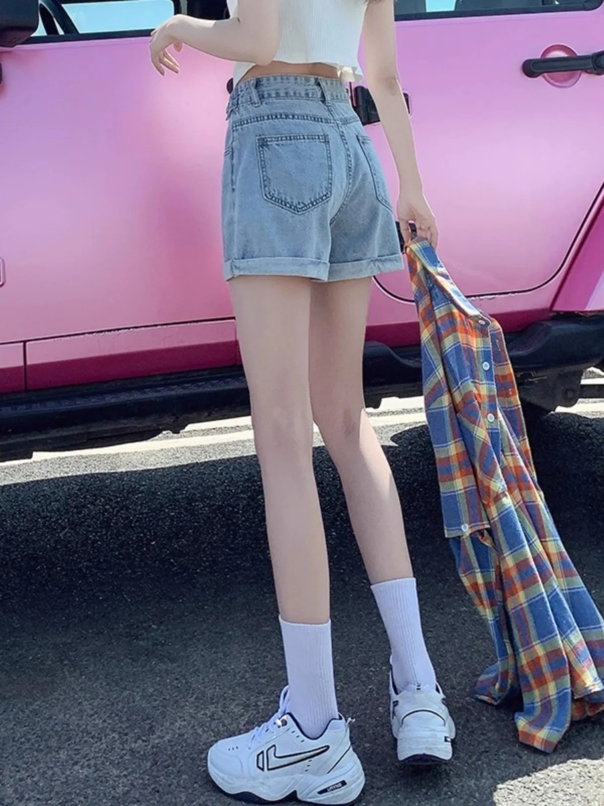 Blue A-Line Cuffed Denim Shorts Women's Summer New Style High Waist Loose Fit Versatile High Waist Shorts Cotton Polyester Blend