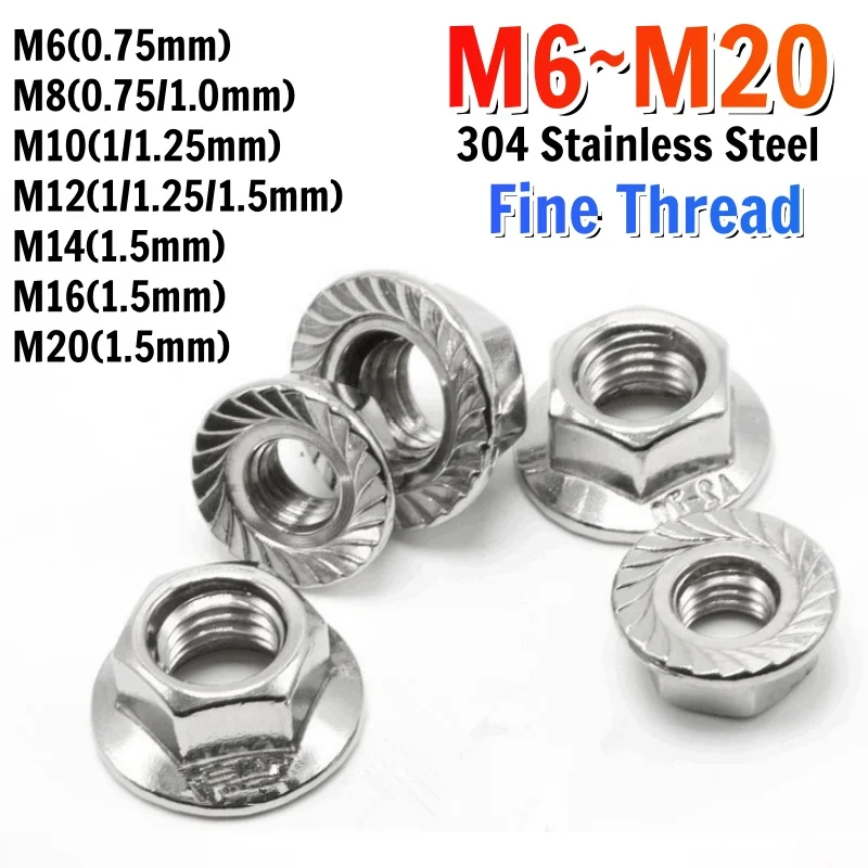 Beicai 304 Stainless Steel Fine Thread Flange Hex Nuts Serrated Lock Flange Nut M6 M8 M10 M12 M14 M16 M20 Din6923