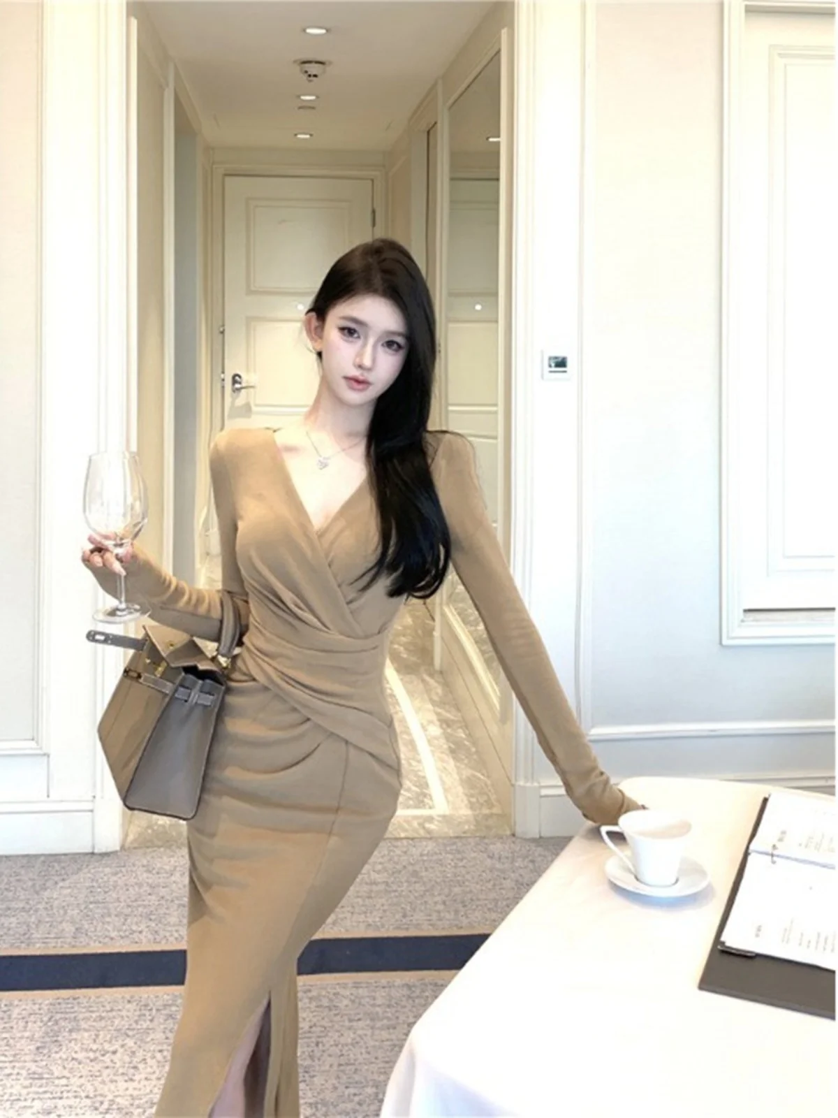 Elegant V-neck Long Sleeve Dress Women's Autumn Winter Slim Fit Long Skirt High Waist Wrap Body Skirt Knitted Fabric Commute ...